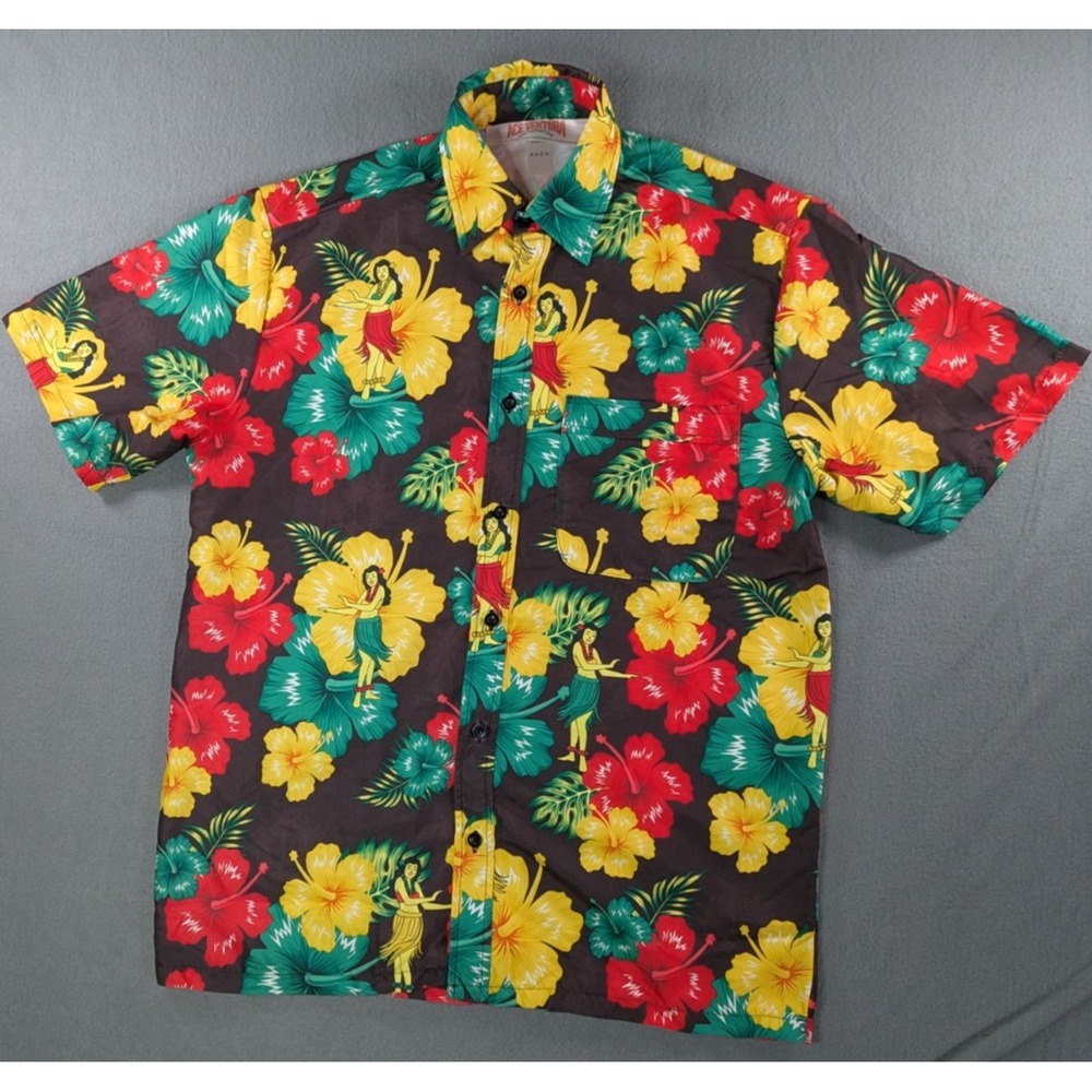 Ace Ventura Mens Hula Girl Hibiscus Aloha Button Up Shirt Medium Black Floral